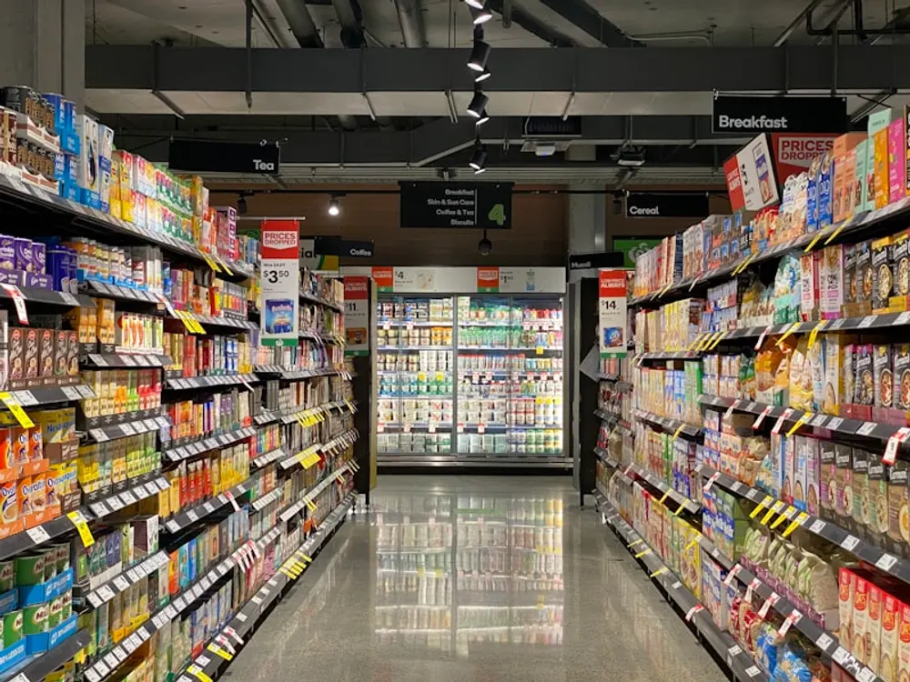 Einkaufshilfe begleitet eine Seniorin beim Lebensmitteleinkauf im Supermarkt